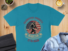Load image into Gallery viewer, Blue t-shirt with Bigfoot celebrating America's Semiquincentennial 1776-2026.
