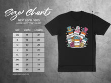 Load image into Gallery viewer, Size chart for Next Level 3600 unisex t-shirt with pill bottle graphics.
