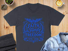 Load image into Gallery viewer, Dark grey t-shirt with "Faith &amp; Family Freedom 1776-2026" text and eagle graphic.
