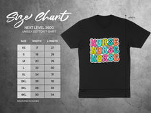 Load image into Gallery viewer, Size chart for Next Level 3600 unisex cotton t-shirt, showing width and length measurements.
