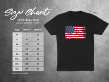 Load image into Gallery viewer, Size chart for Next Level 3600 unisex cotton t-shirt with US flag graphic.
