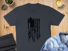 Load image into Gallery viewer, Dark t-shirt with distressed American flag design featuring fighter jets.
