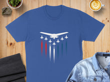 Load image into Gallery viewer, Blue t-shirt with white fighter jets and red and blue smoke trails.
