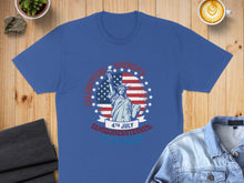 Load image into Gallery viewer, Blue t-shirt with Statue of Liberty and American flag design for 4th of July.

