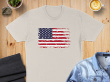Load image into Gallery viewer, Cream t-shirt featuring distressed American flag design.
