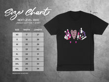 Load image into Gallery viewer, Next Level 3600 t-shirt size chart with width and length measurements in inches.
