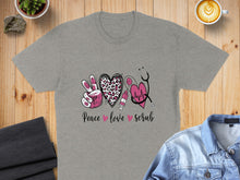 Load image into Gallery viewer, Grey t-shirt with peace sign, heart, and stethoscope graphic for nurses.
