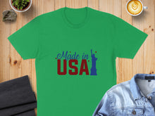 Load image into Gallery viewer, Green t-shirt with "Made in USA" text and Statue of Liberty graphic.
