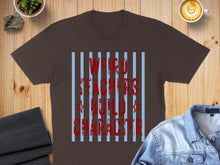 Load image into Gallery viewer, Brown t-shirt with "WEIRD TEACHERS BUILD CHARACTER" text and blue stripes.
