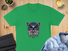 Load image into Gallery viewer, Green t-shirt with an eagle, American flag, and "4th of July" text.
