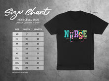 Load image into Gallery viewer, NEXT LEVEL 3600 Unisex Cotton T-Shirt size chart with width and length measurements in inches.
