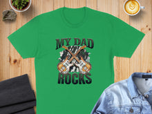 Load image into Gallery viewer, Green t-shirt with "MY DAD ROCKS" and two electric guitars.
