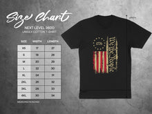 Load image into Gallery viewer, Next Level 3600 unisex cotton t-shirt size chart with measurements.
