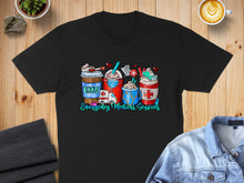 Load image into Gallery viewer, Black t-shirt with coffee cups depicting emergency medical services symbols.
