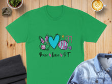 Load image into Gallery viewer, Green t-shirt with "Peace love PT" text and Easter-themed graphics.
