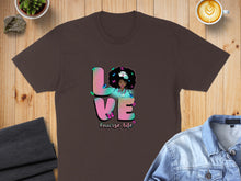 Load image into Gallery viewer, Brown t-shirt featuring "LOVE" with a nurse illustration and butterflies.
