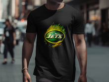 Load image into Gallery viewer, Bold Green Jets Logo on Black T-Shirt for Sports Fans
