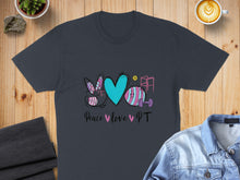 Load image into Gallery viewer, T-shirt with "Peace, Love, PT" text and teal heart, weights, and pink resistance band.
