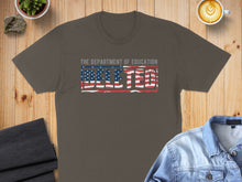 Load image into Gallery viewer, Distressed US flag with "DEPT. OF EDUCATION" text on a charcoal t-shirt.
