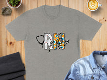 Load image into Gallery viewer, Grey t-shirt with "RN" in a stethoscope design with eyes and spiders.
