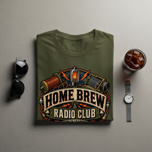 Load image into Gallery viewer, Green t-shirt with "Home Brew Radio Club" graphic featuring radio equipment.
