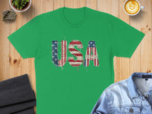 Load image into Gallery viewer, Green t-shirt with "USA" in distressed American flag letters.
