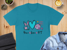 Load image into Gallery viewer, Teal t-shirt with "Peace Love PT" text and cartoon bunny ears, heart, and weights.
