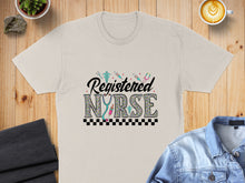 Load image into Gallery viewer, Registered Nurse text with medical icons on a tan t-shirt.
