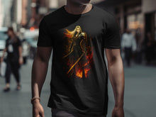 Load image into Gallery viewer, Fantasy Warrior with Flaming Sword Black T-Shirt
