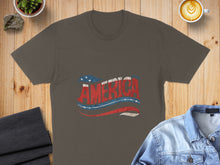 Load image into Gallery viewer, Distressed "AMERICA" text with US flag motif on a charcoal t-shirt.
