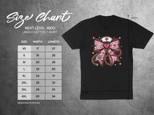 Load image into Gallery viewer, Next Level 3600 unisex cotton t-shirt size chart with width and length measurements.
