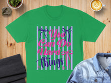 Load image into Gallery viewer, Green t-shirt with pink and purple text and bows reading "You Can Do Things".
