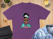 Load image into Gallery viewer, Purple t-shirt with "RN Nurse" design featuring a nurse with butterflies.
