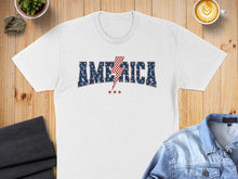 Load image into Gallery viewer, White t-shirt with "AMERICA" text and lightning bolt design.
