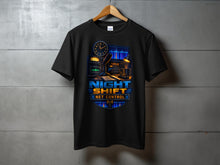 Load image into Gallery viewer, Black t-shirt with "Night Shift Net Control" graphic featuring radio equipment.
