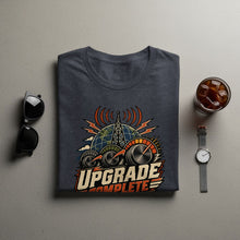 Load image into Gallery viewer, Dark gray t-shirt with "UPGRADE COMPLETE" graphic and radio tower over globe.

