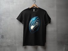 Load image into Gallery viewer, Graphic Football Design Black T-shirt with Blue Highlights
