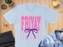 Load image into Gallery viewer, Light blue t-shirt with "FRIYAY" text and pink stripes.

