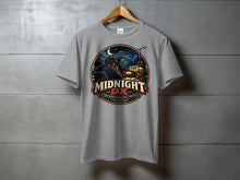 Load image into Gallery viewer, Grey t-shirt with "MIDNIGHT DX THE WORLD IS STILL AWAKE" graphic.
