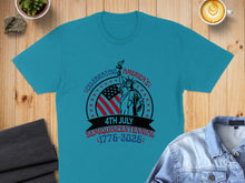 Load image into Gallery viewer, Teal t-shirt with "4th July Semiquincentennial 1776-2026" and Statue of Liberty graphic.
