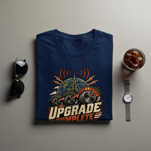 Load image into Gallery viewer, Navy t-shirt with "UPGRADE COMPLETE" graphic featuring a globe and radio tower.

