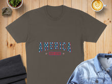 Load image into Gallery viewer, Brown t-shirt with "America Est. 1776" graphic in red, white, and blue.
