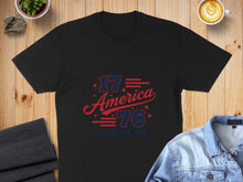 Load image into Gallery viewer, Black t-shirt with "1776 America Land of the Free" graphic in red and blue.
