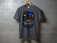 Load image into Gallery viewer, T-shirt graphic with vintage radio equipment, clock, and text "Night Shift Net Control".
