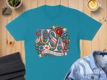 Load image into Gallery viewer, Teal t-shirt with "USA 250 Years of Freedom" and floral patriotic design.
