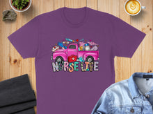Load image into Gallery viewer, Purple t-shirt with pink truck graphic: "Nurse Life" with medical supplies.
