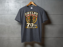 Load image into Gallery viewer, Dark gray t-shirt with Shelby Hamfest 70th anniversary graphic.
