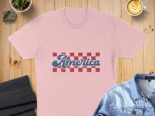 Load image into Gallery viewer, Pink t-shirt with "America" in blue and red checkered pattern.

