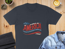 Load image into Gallery viewer, Dark blue t-shirt with distressed "AMERICA" text in red, white, and blue.
