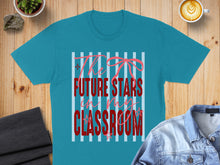 Load image into Gallery viewer, Teal t-shirt with "The Future Stars In My Classroom" text and pink bows.
